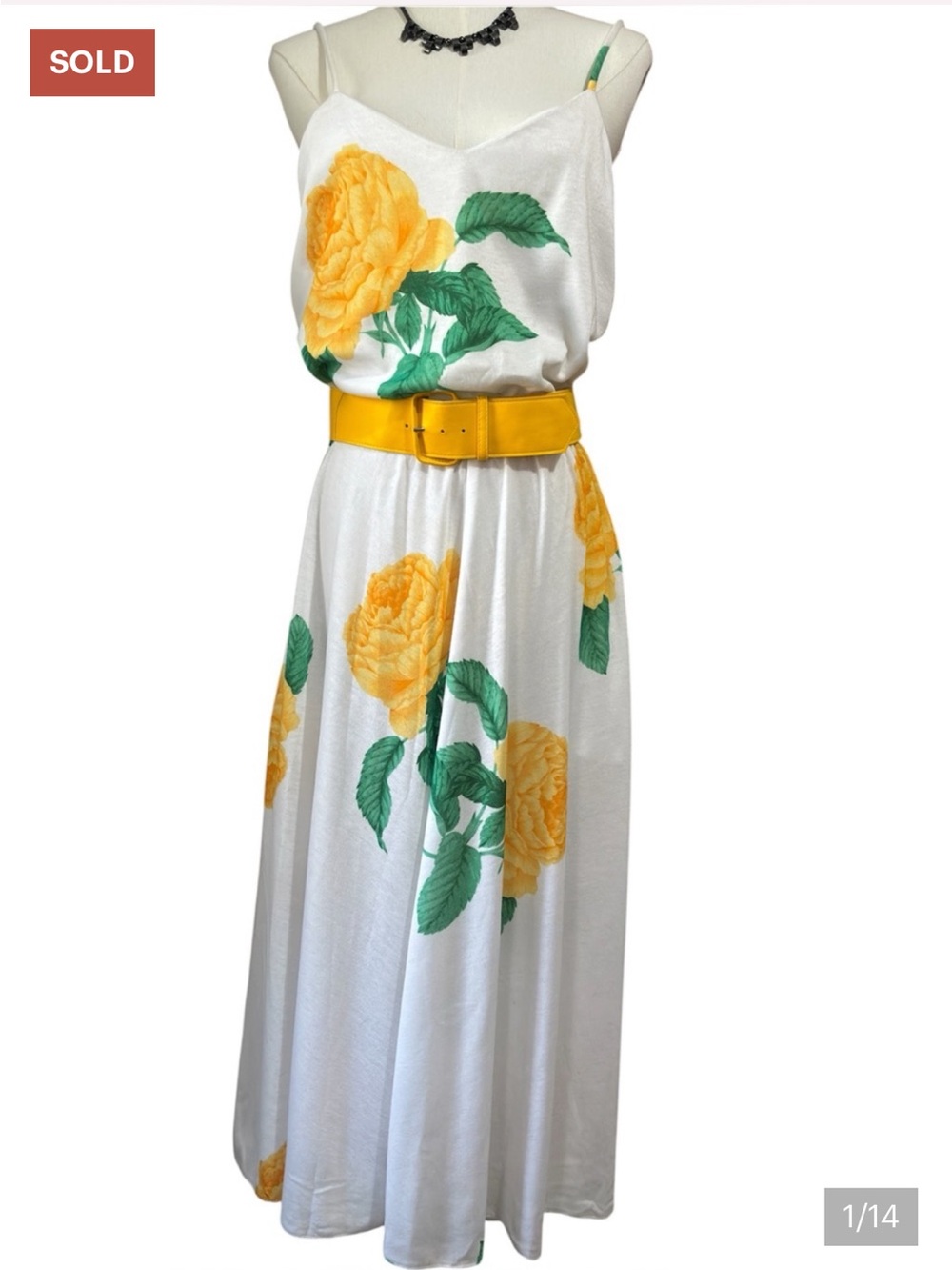 Vintage J. Ellis Floral Yellow Rose Belted Maxi Dress Size 8